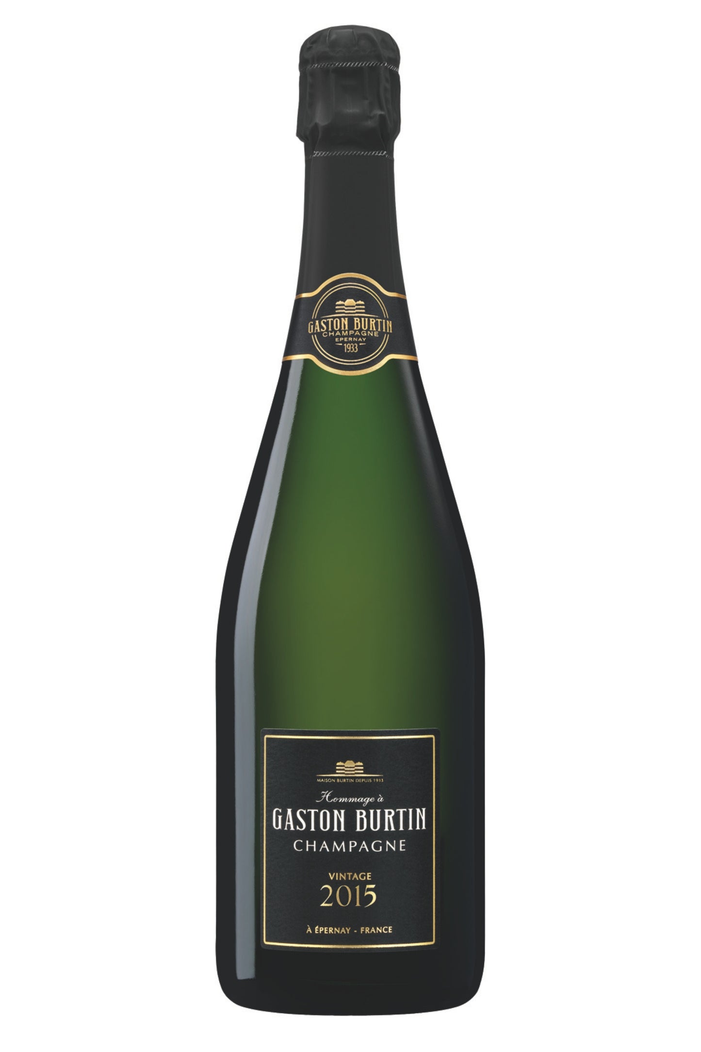 Gaston Burtin Champagner Flasche Vintage 2015 mit schwarzem Etikett auf weißem Hintergrund