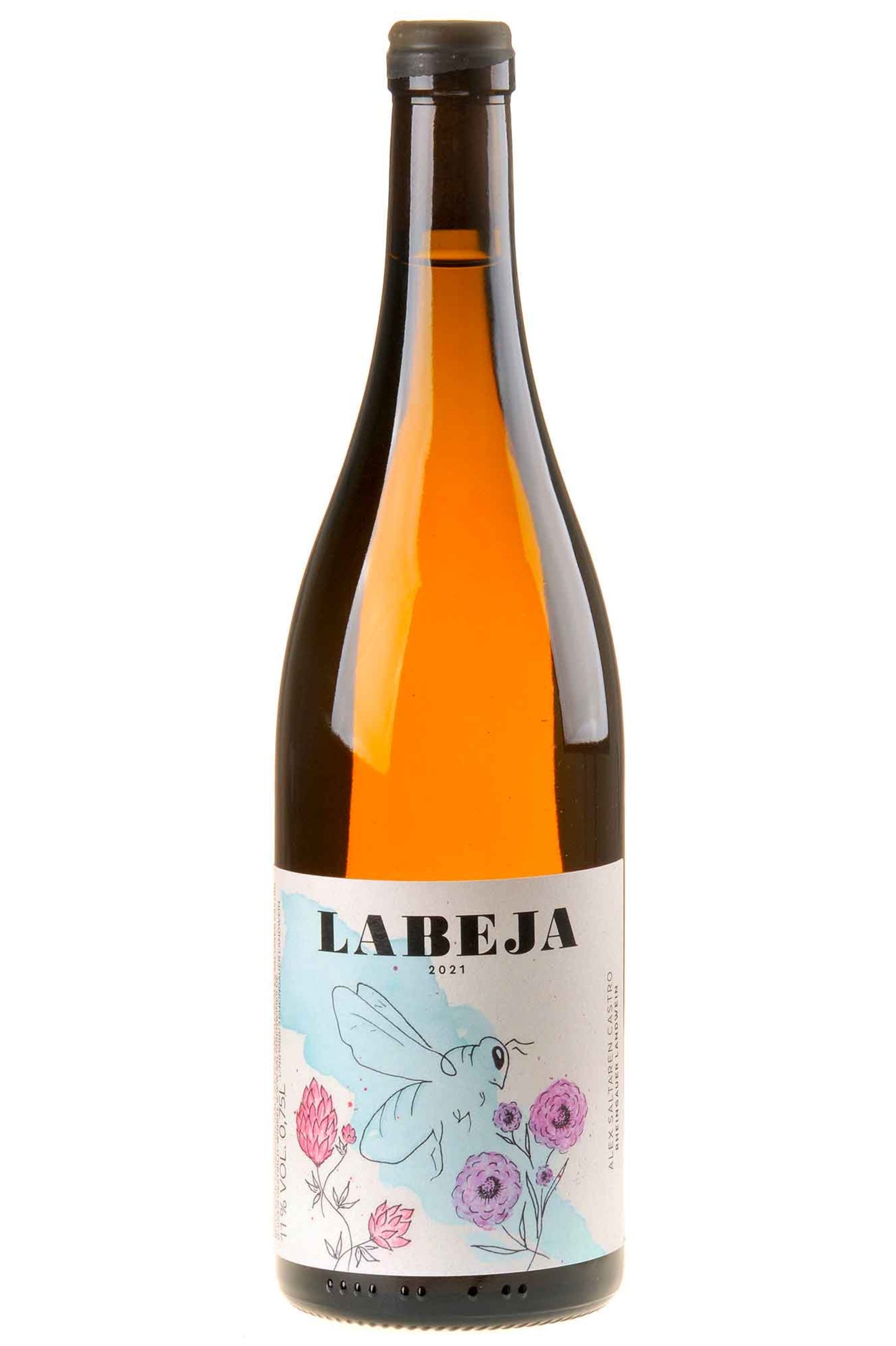 Labeja Weinflasche 2021 mit illustriertem Bienen- und Blumenetikett, Naturwein