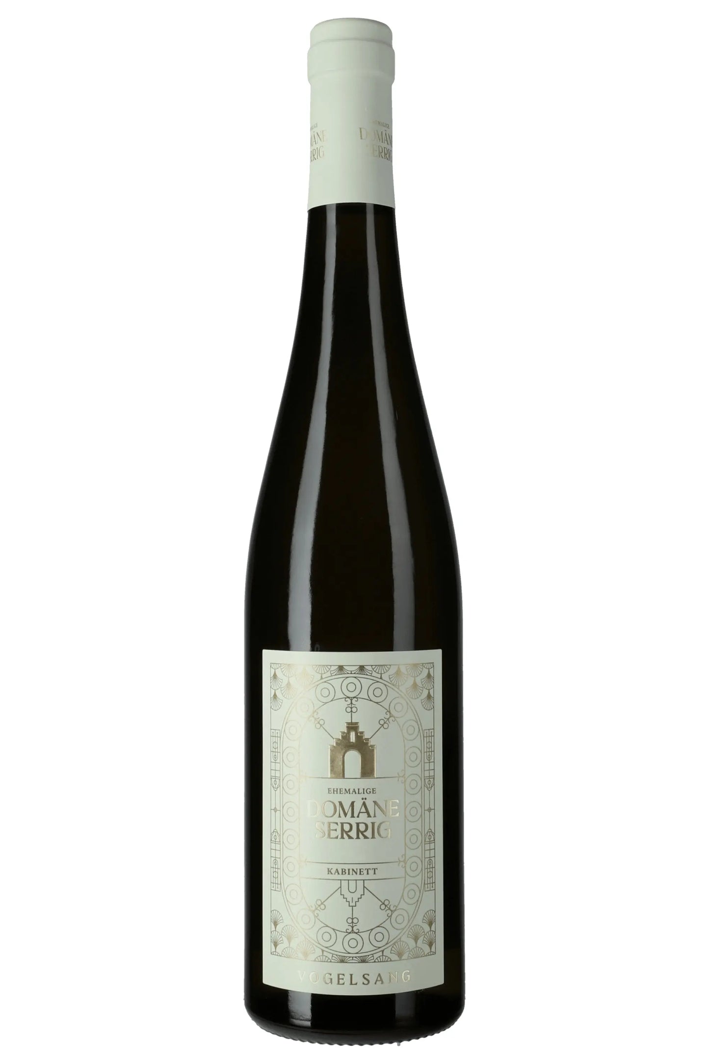Flasche Domäne Serrig Kabinett Vogelsang Weißwein mit heller Etikettgestaltung