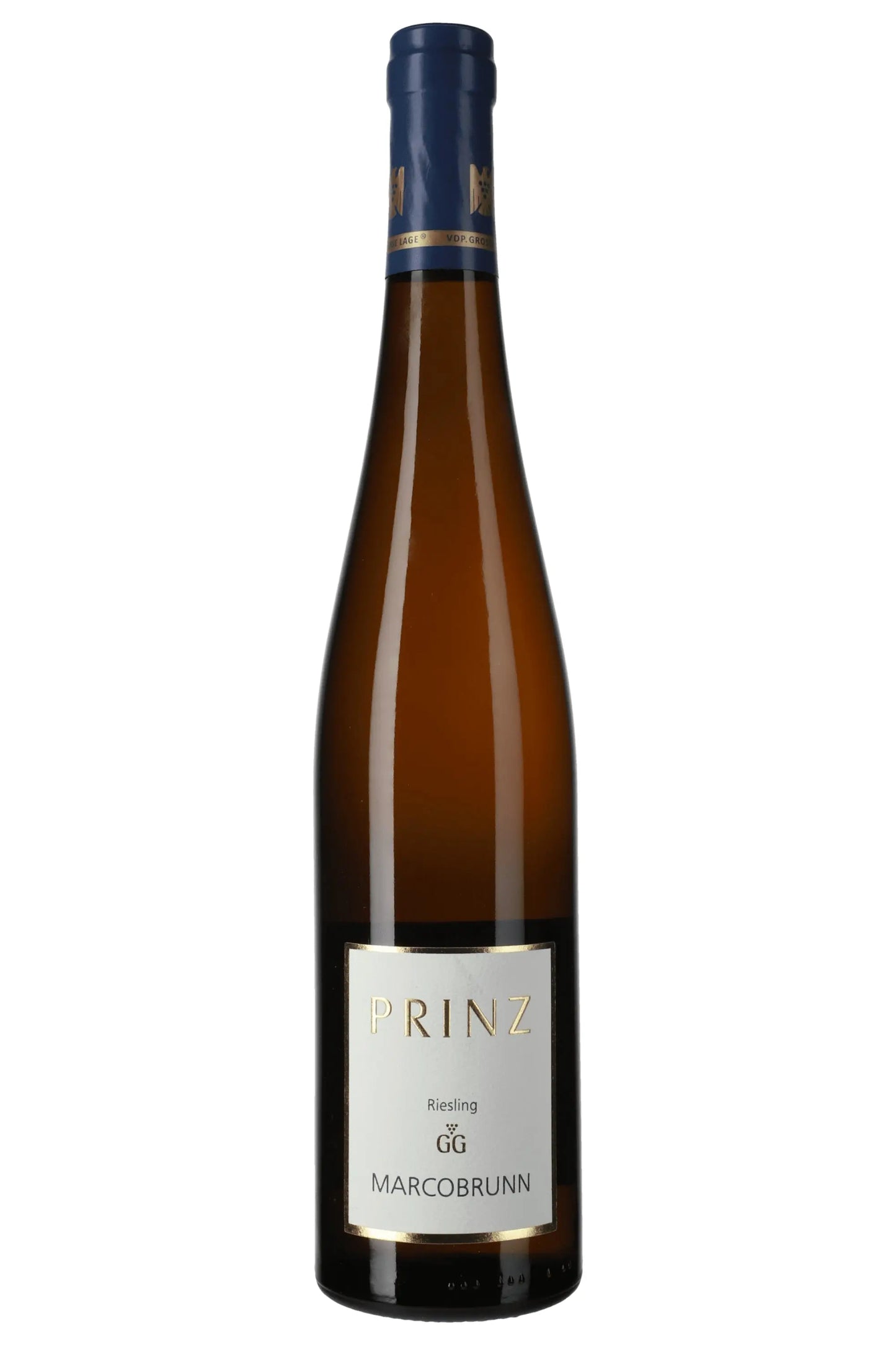 Prinz Marcobrunn GG Riesling Weißweinflasche mit blauem Schraubverschluss auf weißem Hintergrund