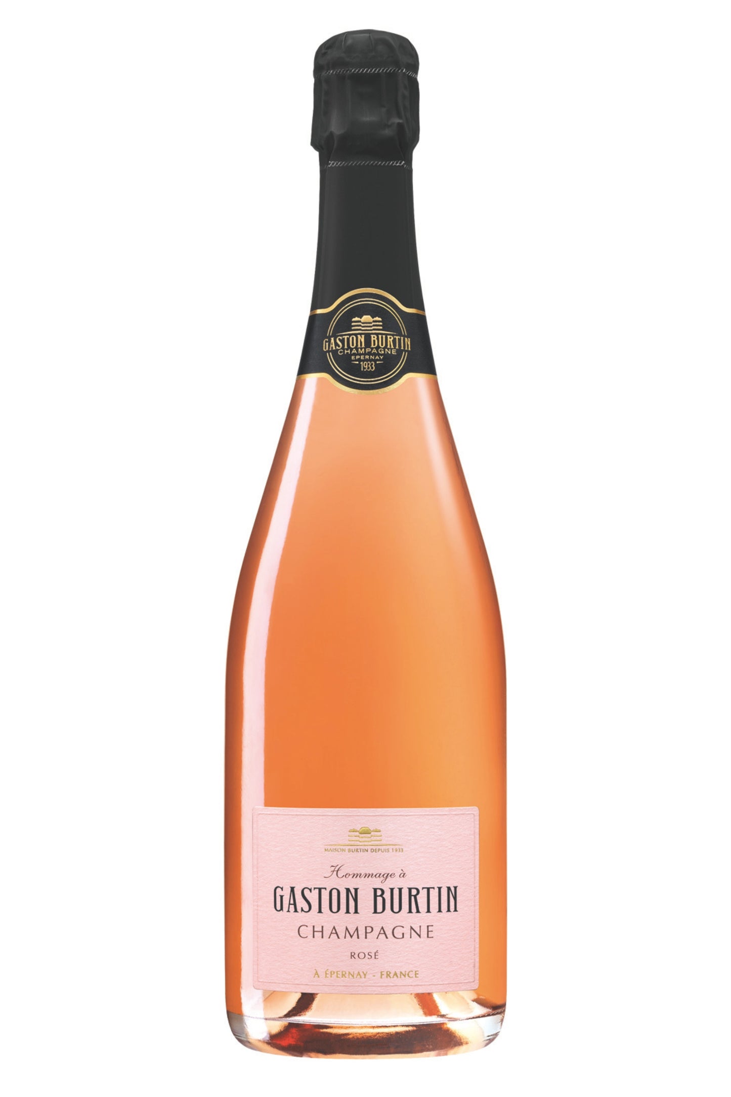 Gaston Burtin Rosé Champagner Flasche mit rosa Etikett auf weißem Hintergrund