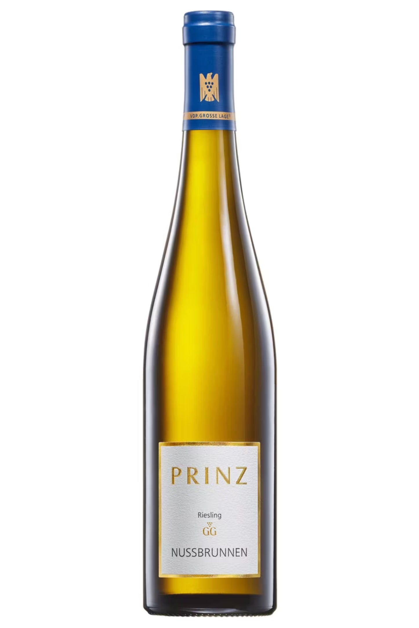 Prinz Nussbrunnen Riesling GG Weinflasche mit blau-goldenem Etikett freigestellt