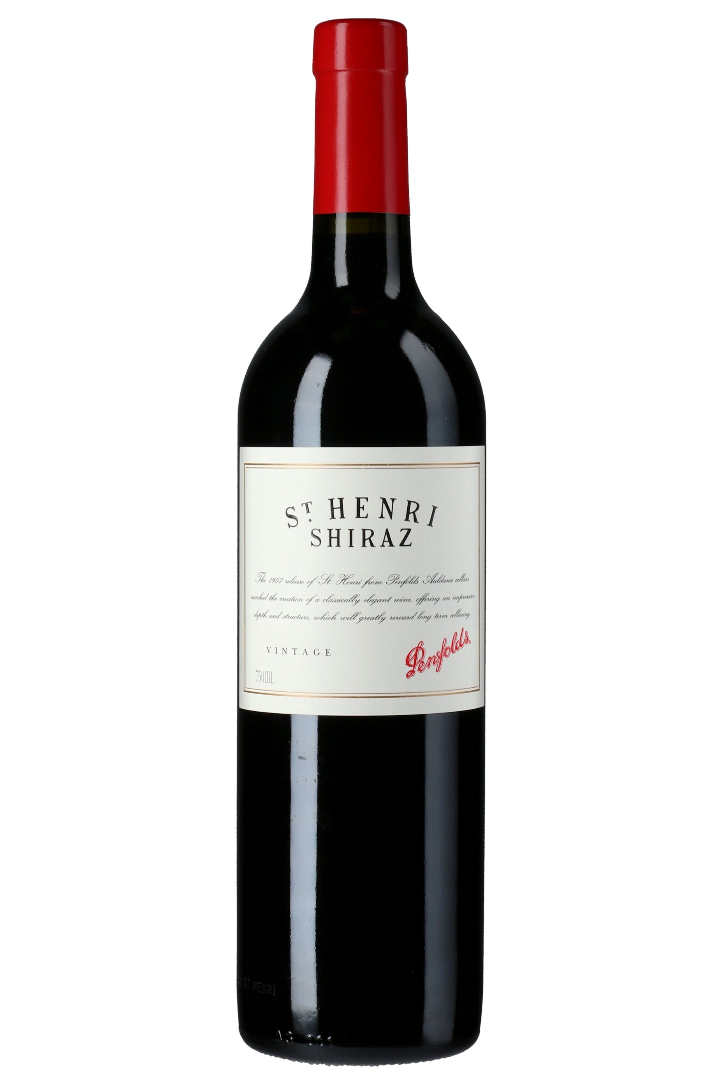 Penfolds St Henri Shiraz Rotweinflasche mit rotem Kapsel und weißem Etikett auf weißem Hintergrund