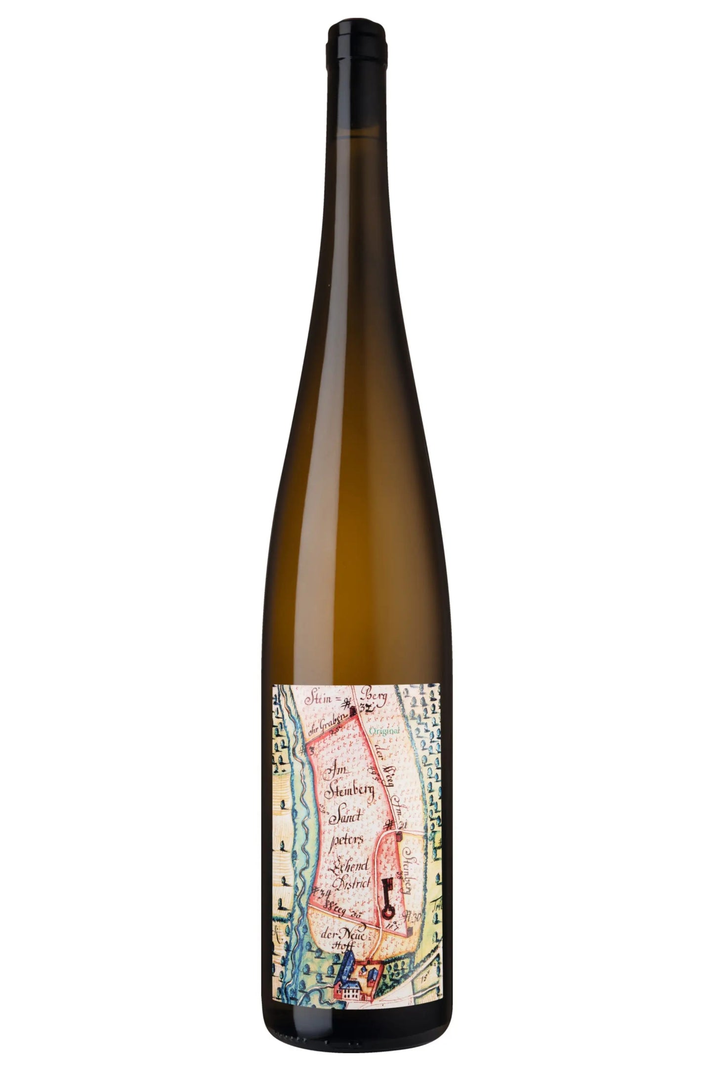 Weinflasche mit Karte auf dem Etikett, Wild Ferment Eberbach, vor weißem Hintergrund