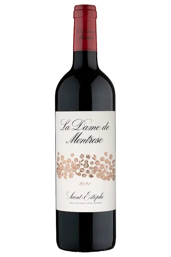 Flasche La Dame de Montrose Rotwein 2021, Saint-Estèphe, mit rotem Kapselverschluss.