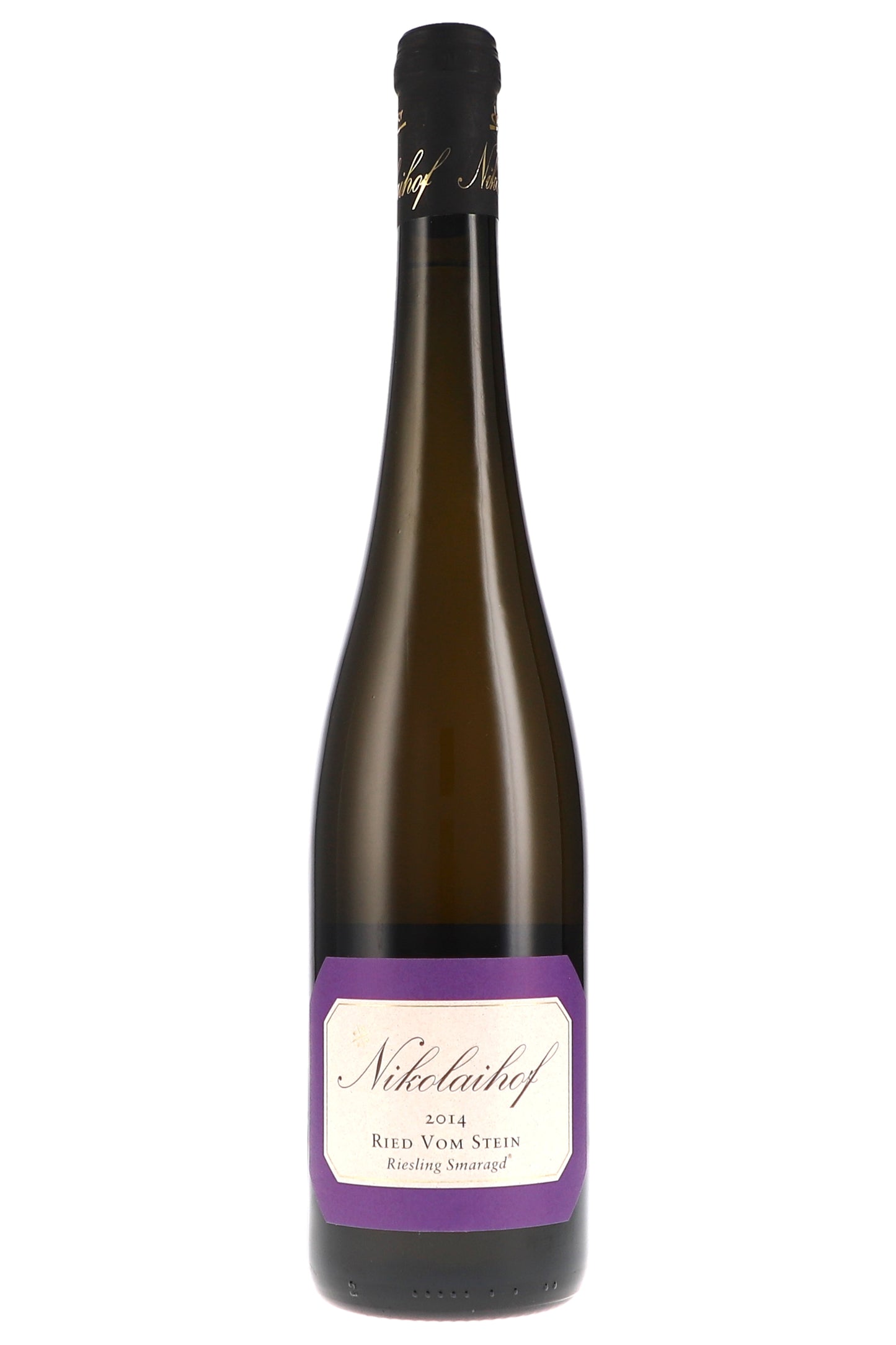 Nikolaihof Riesling Smaragd Ried Vom Stein 2014 Weinflasche mit violettem Etikett auf weißem Hintergrund