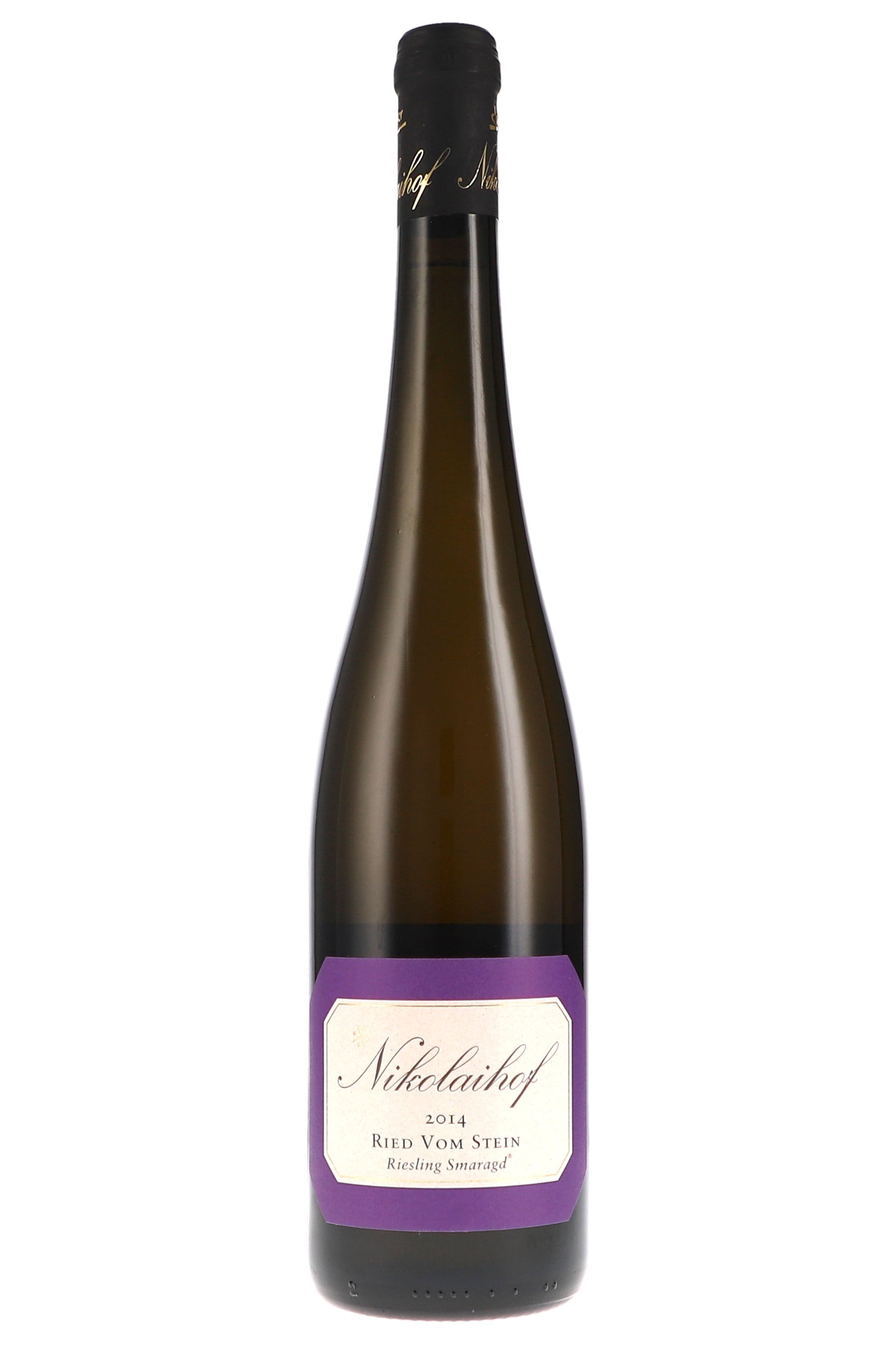 Nikolaihof Riesling Smaragd Ried Vom Stein 2014 Weinflasche mit violettem Etikett auf weißem Hintergrund