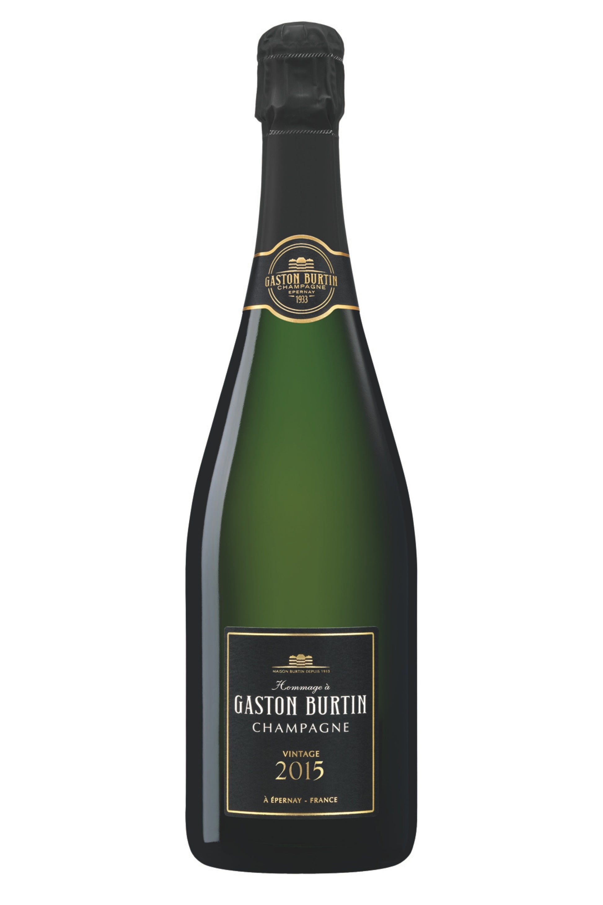 Gaston Burtin Champagner Flasche Vintage 2015 mit schwarzem Etikett auf weißem Hintergrund