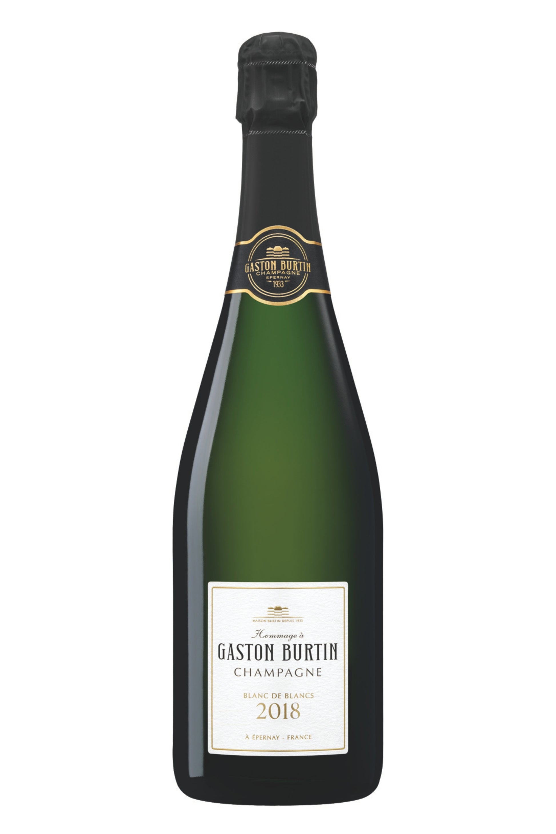 Champagnerflasche Gaston Burtin Blanc de Blancs 2018 auf weißem Hintergrund