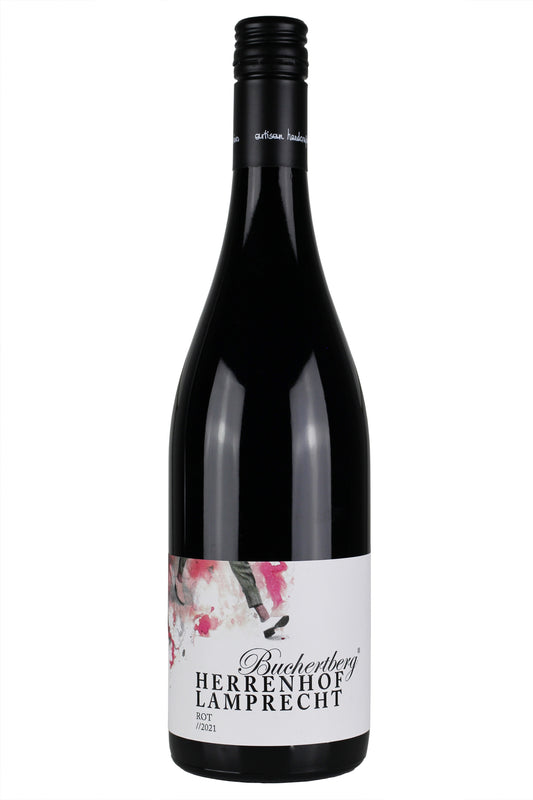 Flasche Herrenhof Lamprecht Rotwein Buchertberg 2021 mit weißem Etikett auf Weiß