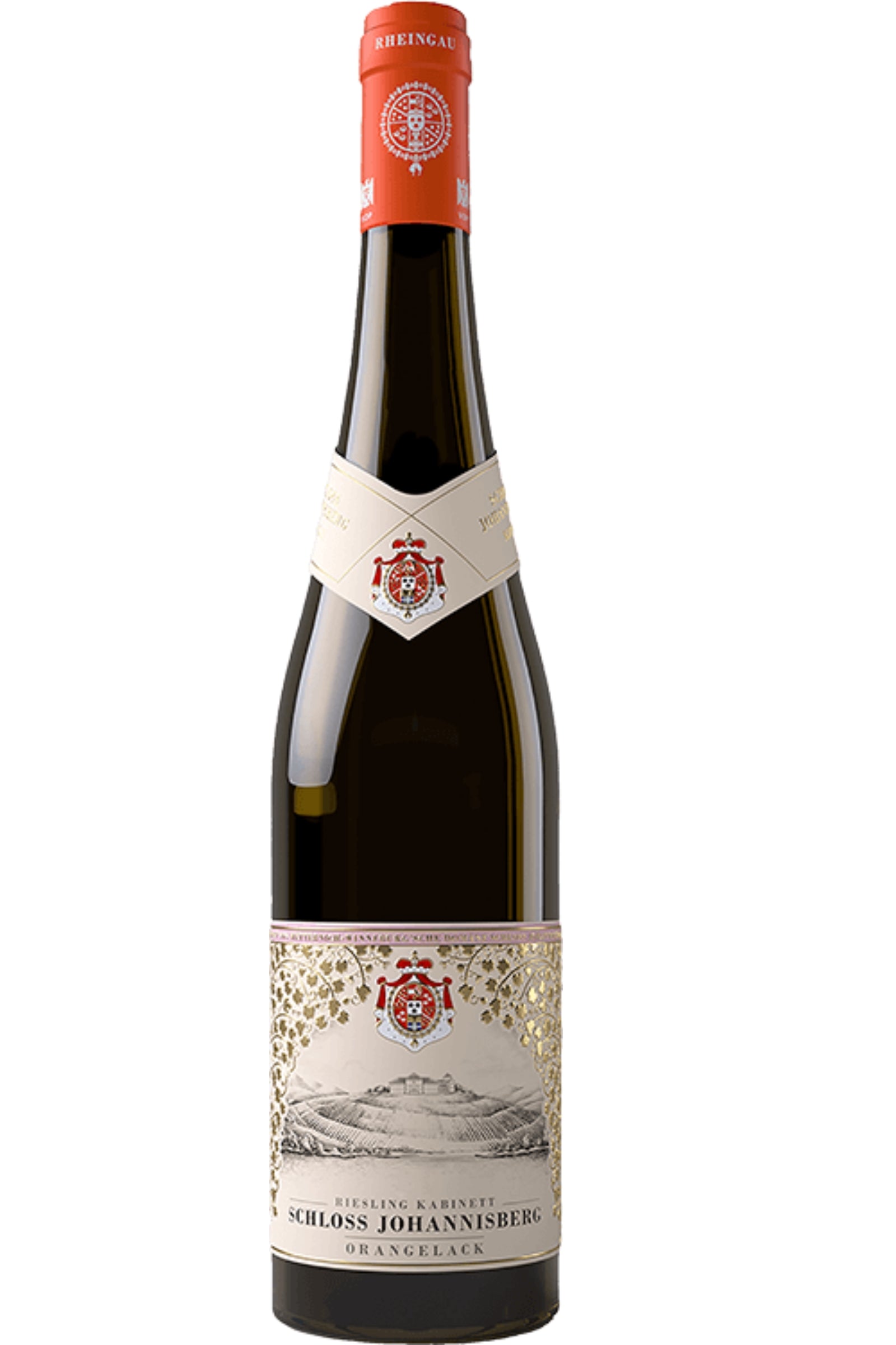 Flasche Schloss Johannisberg Riesling Kabinett Orangelack Weißwein mit goldener Etikettverzierung