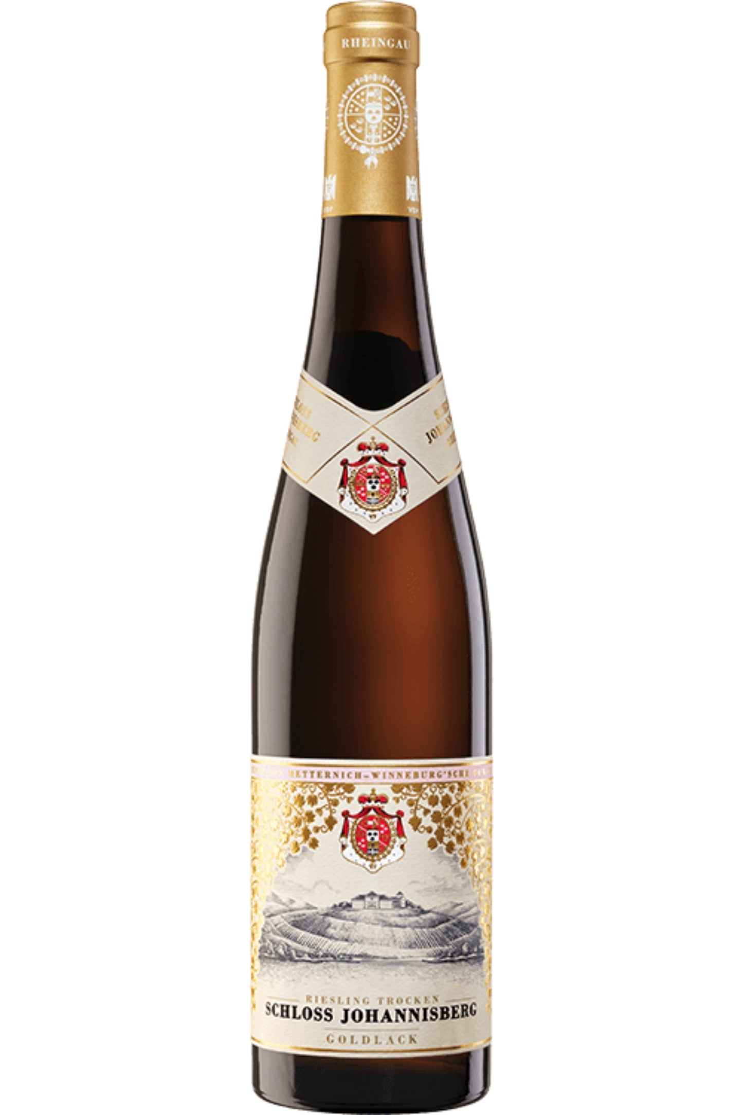 Schloss Johannisberg Riesling Trocken Goldlack Weinflasche mit goldener Kapsel und Etikett