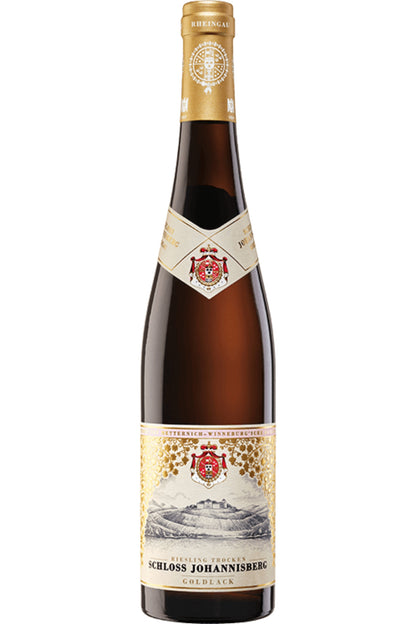 Schloss Johannisberg Riesling Trocken Goldlack Weinflasche mit goldener Kapsel und Etikett