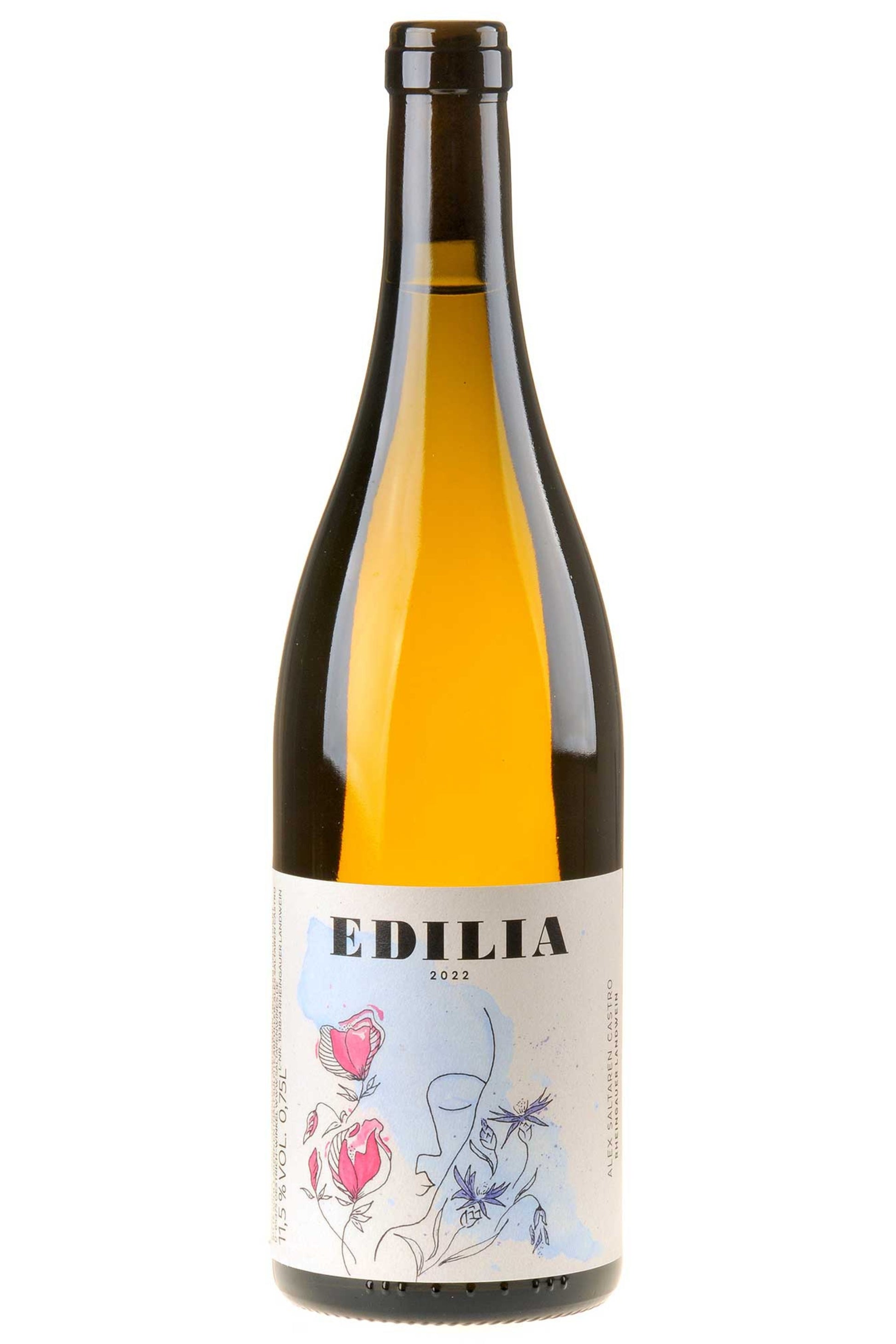 Edilia 2022 Weißweinflasche mit künstlerischem Etikett, Blumen und Gesichtsskizze