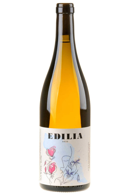 Edilia 2022 Weißweinflasche mit künstlerischem Etikett, Blumen und Gesichtsskizze