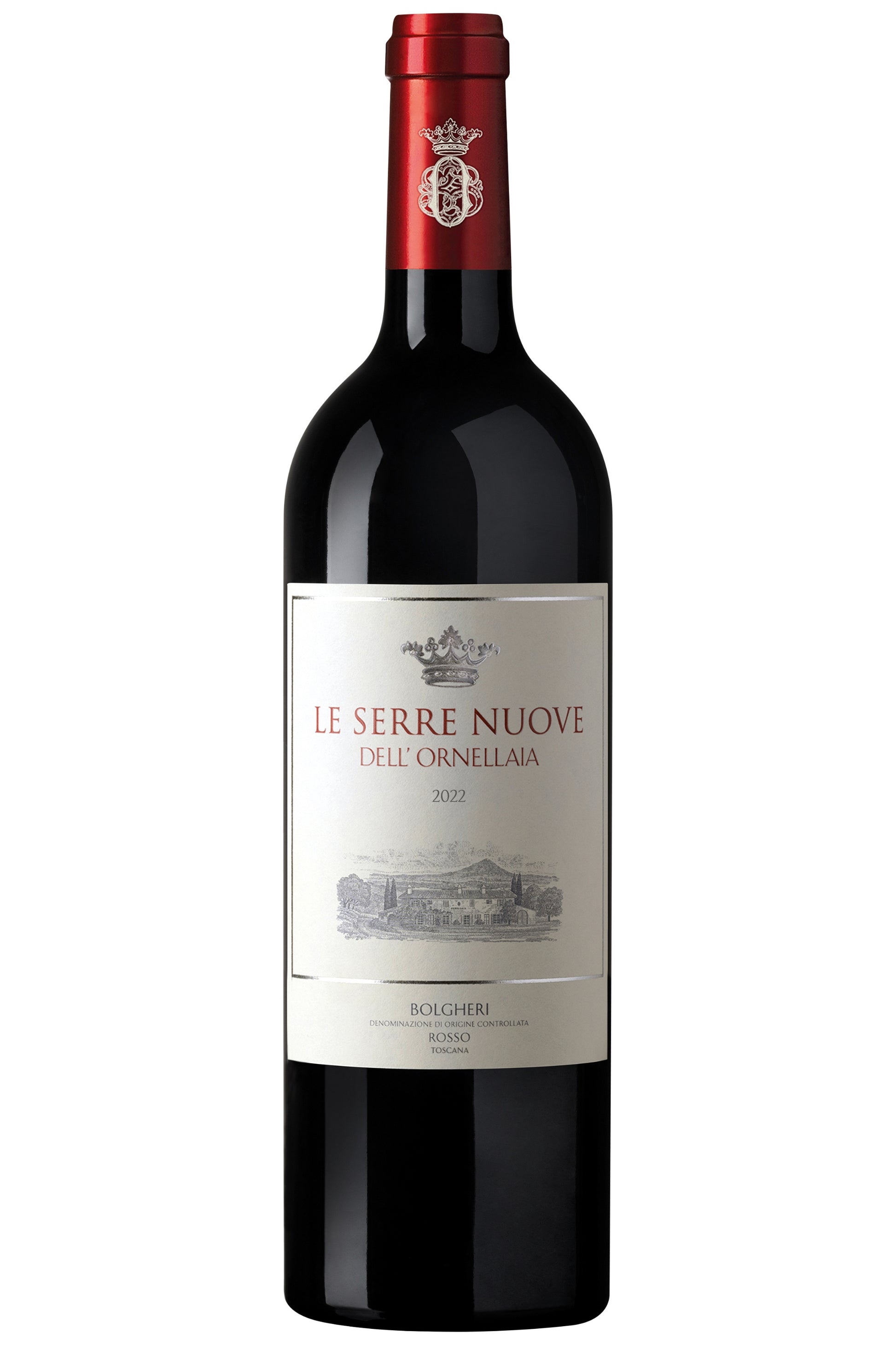 Flasche Le Serre Nuove Dell'Ornellaia 2022 Rotwein aus Bolgheri, Toskana, mit rotem Hals