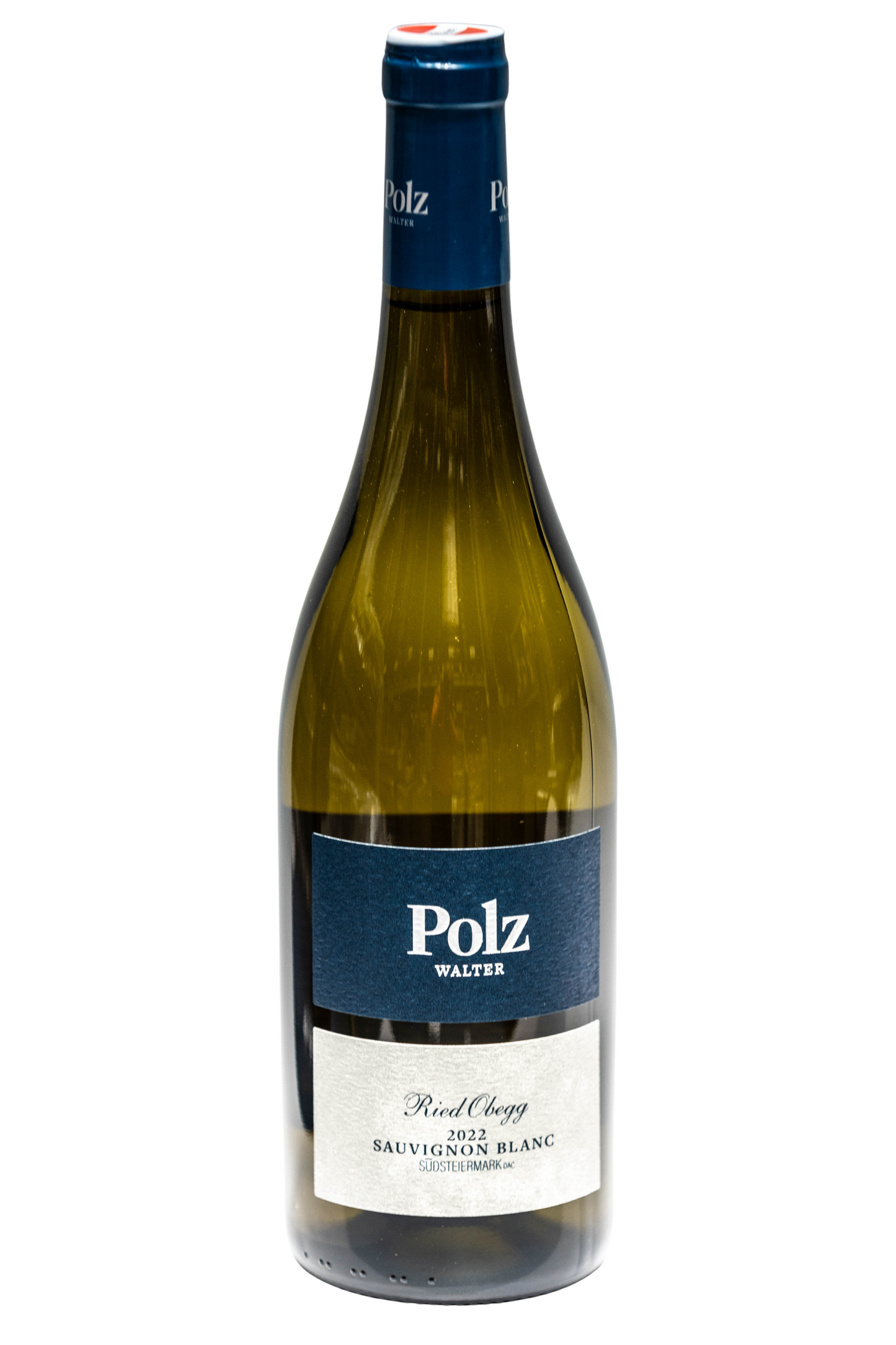 Polz Sauvignon Blanc 2022 Weißweinflasche mit blauem Etikett, stehend, freigestellt