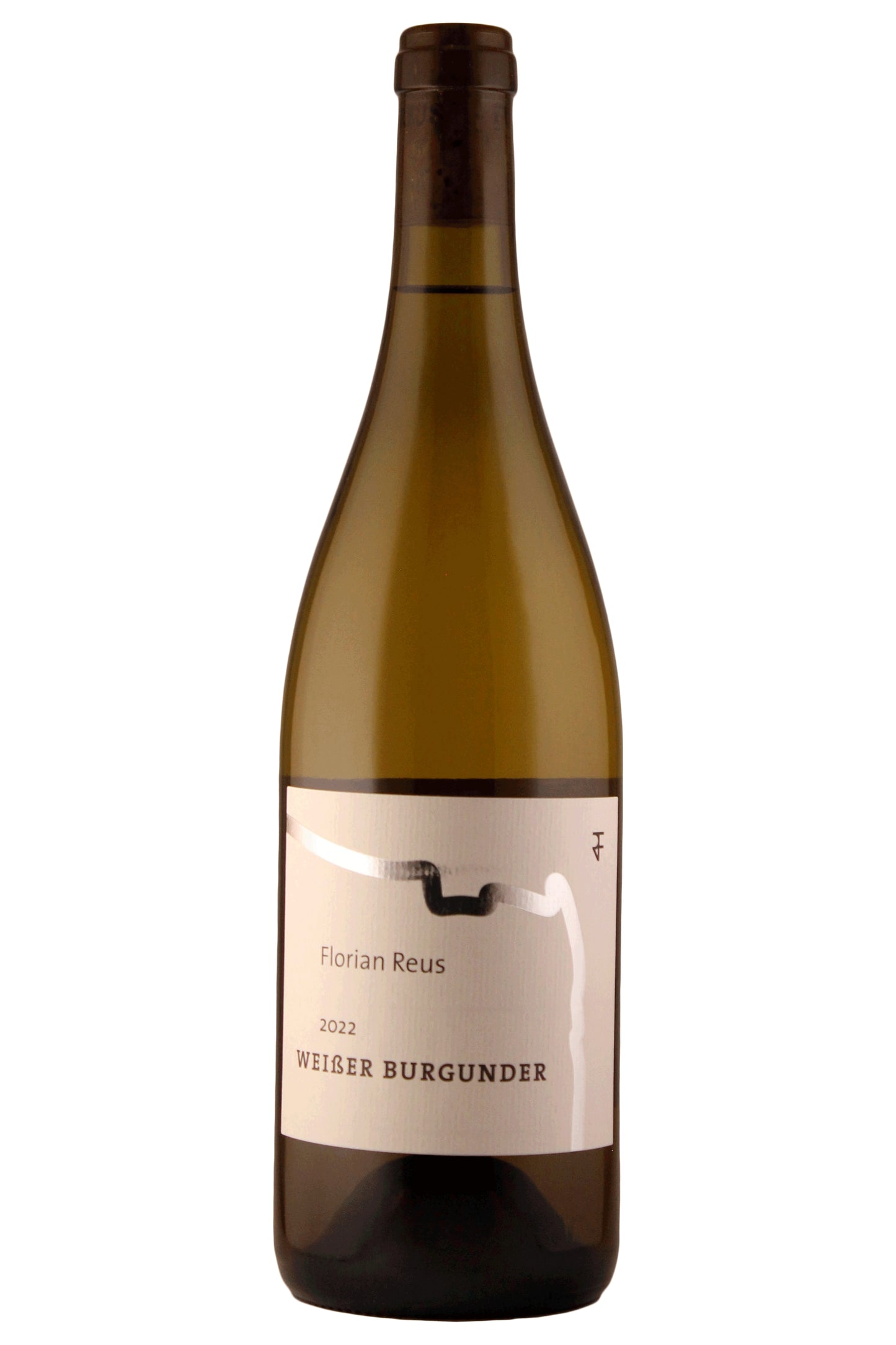Flasche Florian Reus Weißer Burgunder 2022 Wein mit modernem Etikett auf weißem Hintergrund