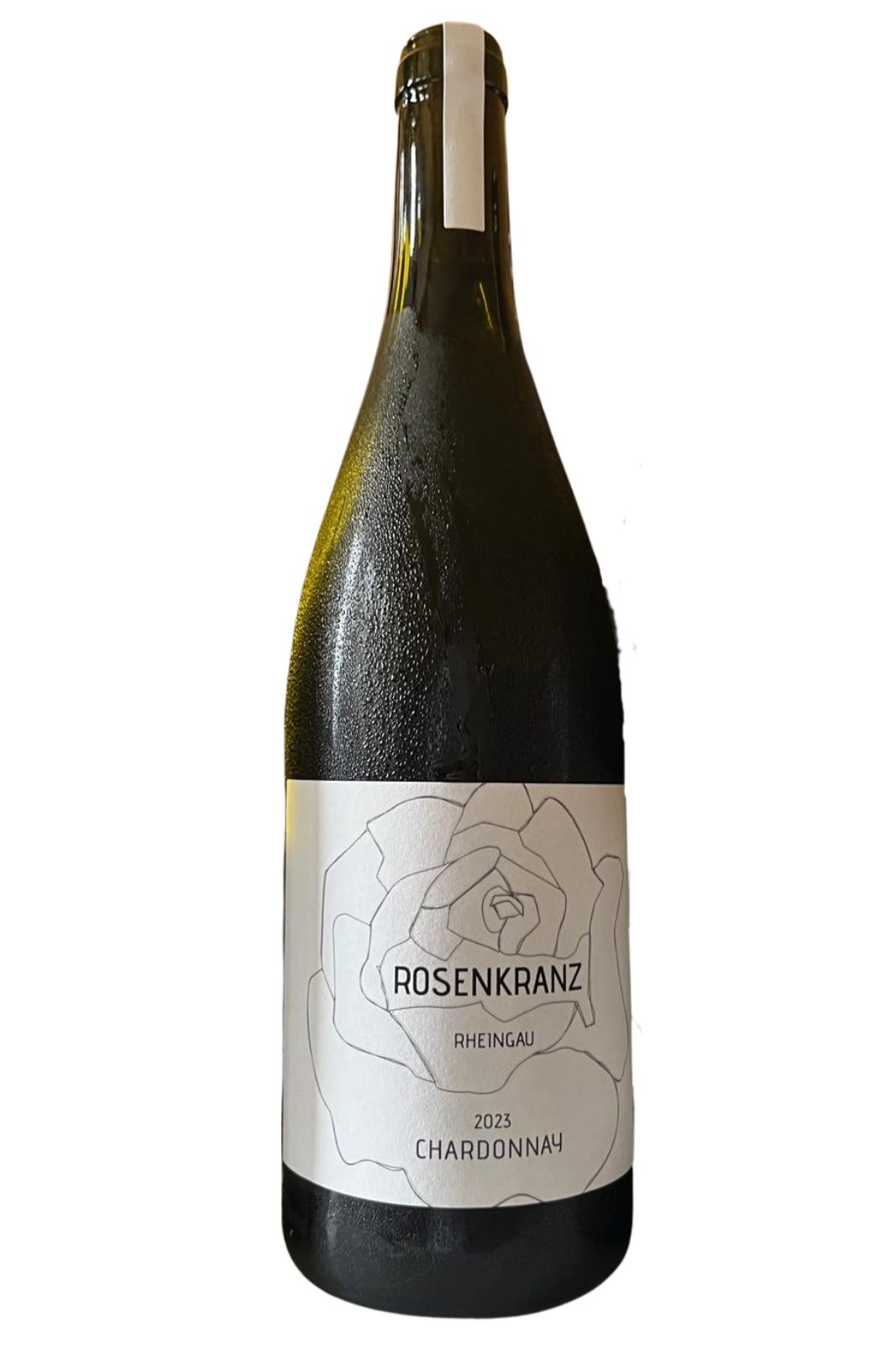 Flasche 2023 Rosenkranz Chardonnay Rheingau mit weißem Etikett und Rosenmotiv