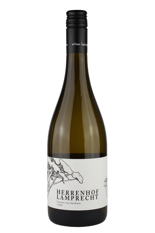 Herrenhof Lamprecht Furmint 2023 Weinflasche mit weißem Etikett und floraler Grafik