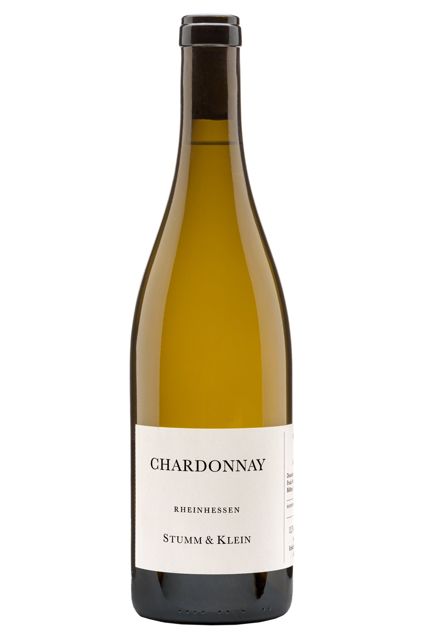 Weinflasche Chardonnay Rheinhessen Stumm & Klein mit weißem Etikett auf weißem Hintergrund