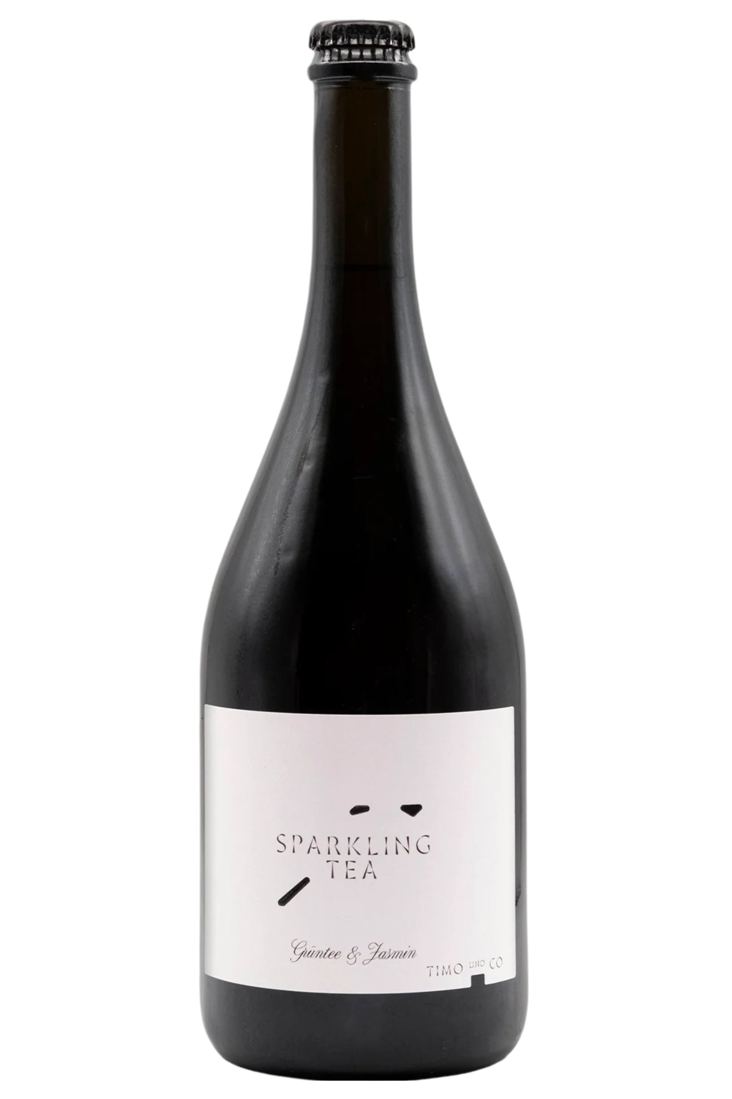 Schwarze Sparkling Tea Flasche mit weißem Etikett, Aufschrift Grüntee & Jasmin