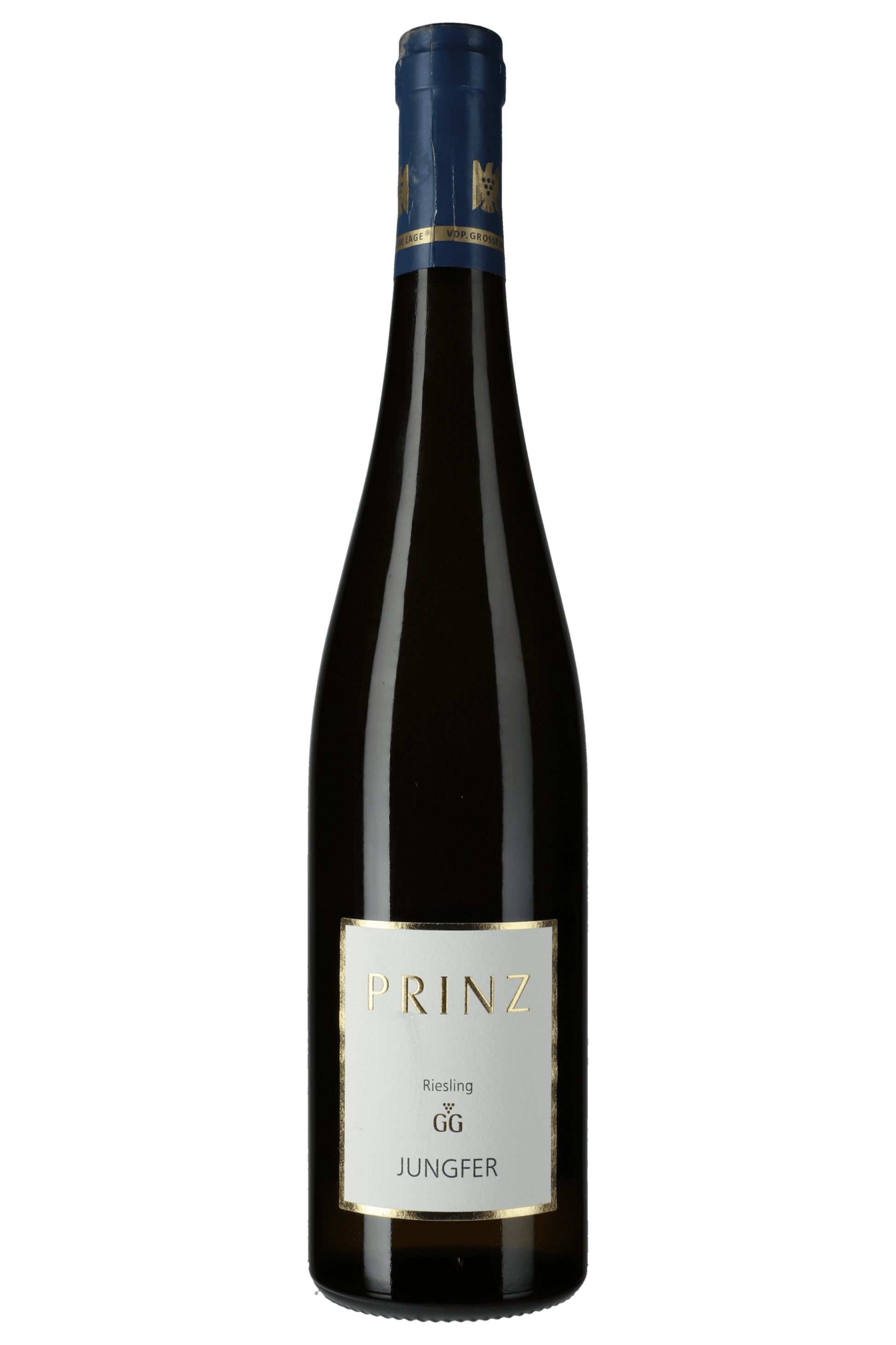 Prinz Riesling GG Jungfer Weinflasche mit blauem Verschluss auf weißem Hintergrund