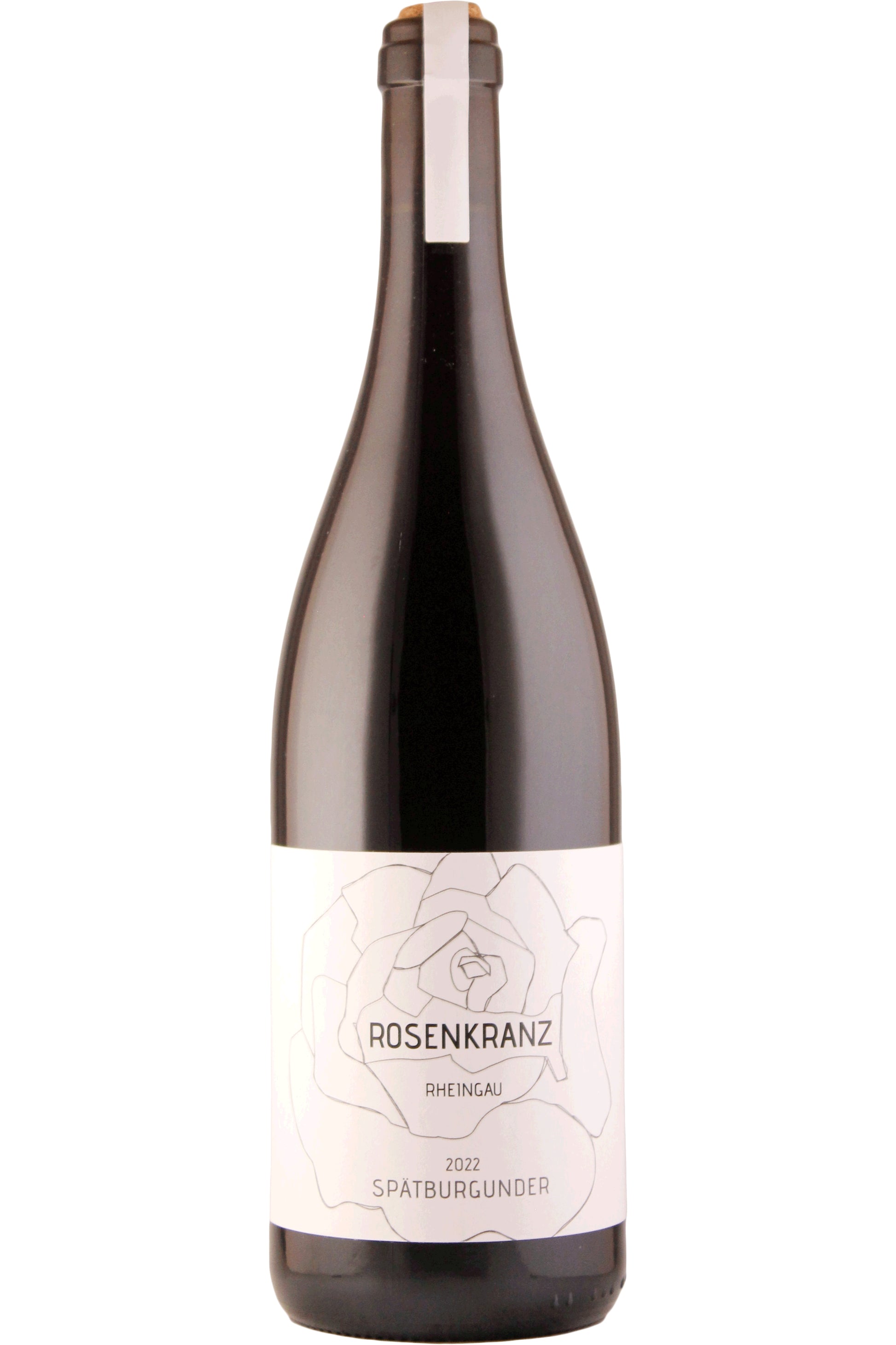 Flasche Spätburgunder 2022 Rheingau Rosenkranz Wein mit Rose Etikett auf weißem Hintergrund