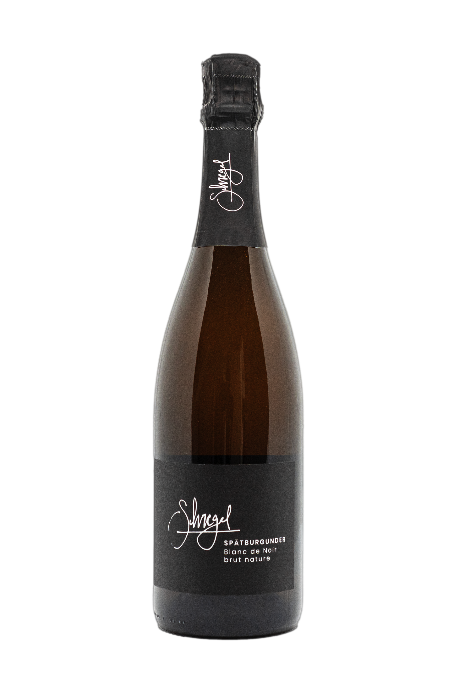 Flasche Spätburgunder Sekt Blanc de Noir brut nature von Schwegel mit schwarzem Etikett