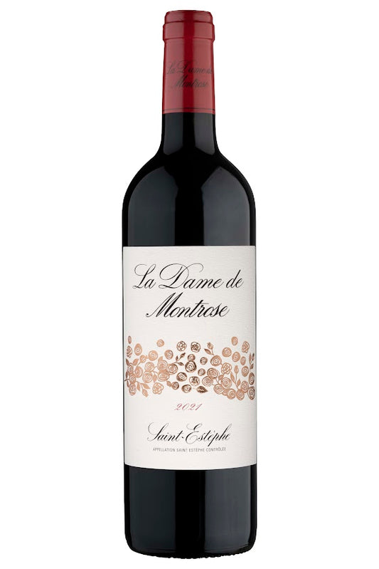 Flasche La Dame de Montrose Rotwein 2021, Saint-Estèphe, mit rotem Kapselverschluss.