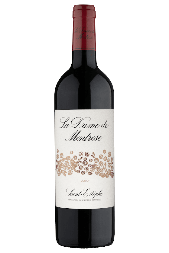 Flasche La Dame de Montrose 2022 Saint-Estèphe Rotwein mit rotem Korken und elegantem Etikett