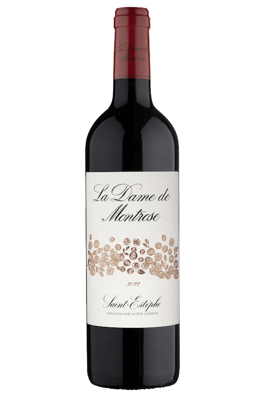 Flasche La Dame de Montrose 2022 Saint-Estèphe Rotwein mit rotem Korken und elegantem Etikett